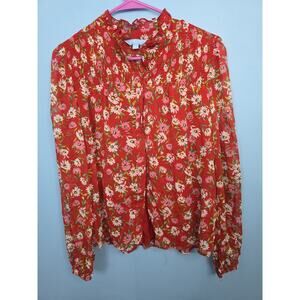 Medium Draper James RSVP Womens Shirt Long Sleeve Smocked Neck Top Red Floral